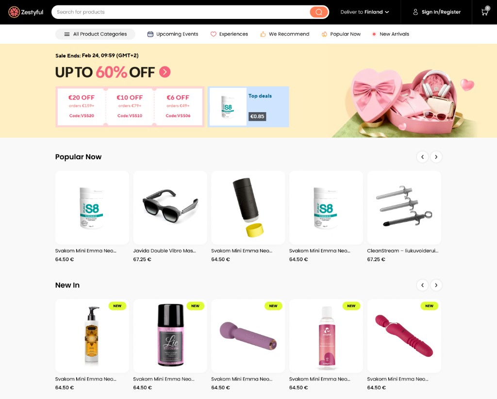 Zestyful customer marketplace: storefront with promotions, navigation, and product listings